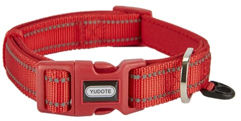 YUDOTE Reflective Adjustable Nylon Dog Collar with Reflevtive Soft Neoprene Padding for Large Sized Dogs Daily Use Red