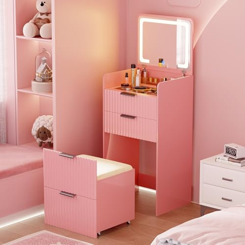Gurexl 3 in 1 Small Vanity Desk with Plip Top Mirror,Makeup Vanity Set with Visible Glass Desktop,Compact Vanity with 3 Drawers,Storage Compartment and Padded Stool,Dressing Table for Bedroom,Pink