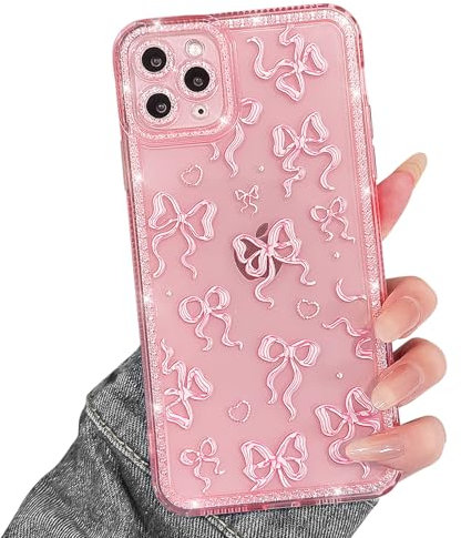 NITITOP Compatible with iPhone 11 Pro Max Case Cute Clear Glitter Ribbon Bow Design Shiny Bowknot Sparkle Bling Diamond Rhinestone Girls Women Soft TPU Shockproof Protective Phone Cover - Pink