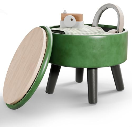 BRIAN & DANY Footstool with Storage, Small Storage Ottoman, Faux Leather Round Stool with Lid, Foot Stool with Legs for Living Room Entryway, Green