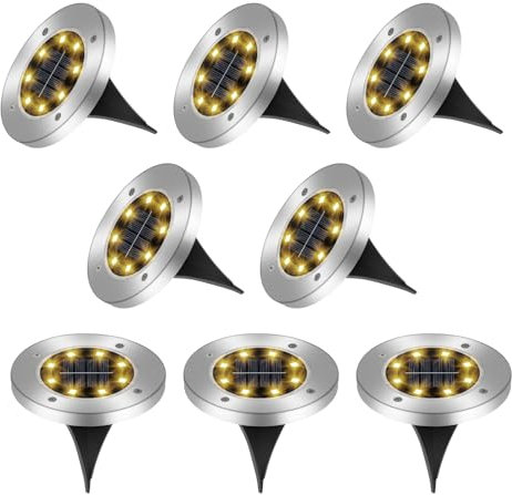 Lot de 8 Lumière Solaire Au Sol, 8 LEDs Jardin Exterieur Solaire Étanche IP65, Spot Solaire Extérieur Encastrables Éclairage, pour Chemins Pelouse Terrasse Allée Cour Piscine Escaliers (Blanc Chaud)