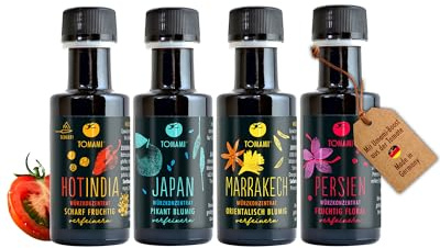 TOMAMI Würzsauce Gourmet-Set Weltreise - Geschenkbox 4x 45ml, Probier-Set | Kulinarisch Würzig - Erlesene Gewürze & Umami-Geschmack - Orientalische & Asiatische Speisen - Vegan, Glutenfrei, Laktosefrei