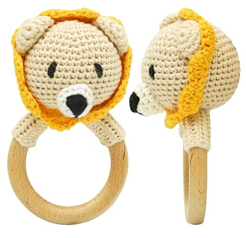 Beißring Baby Einhorn gehäkelt aus Holz – Handgemachte Rassel – Montessori Greifling – Geschenk zur Geburt für Mädchen & Jungen – Little Hoodies