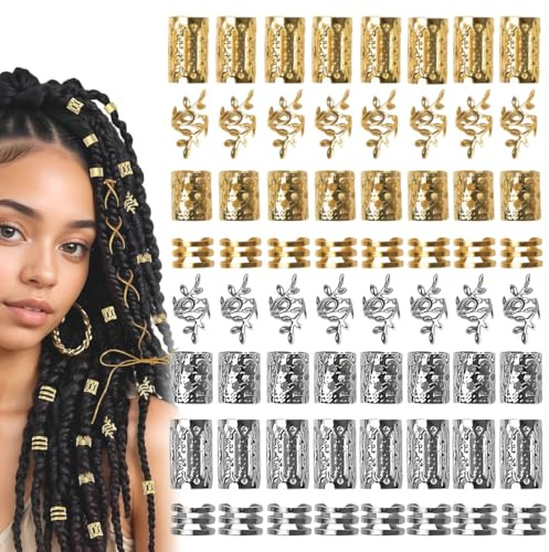 80 Stück Gold Silber-Haarschmuck für Zöpfe, Loc Schmuck für Haar-Dreadlock, Haaranhänger für Frauen, Metall-Gold Silber-Zöpfe, Ringe, Manschetten-Clips für Dreadlock-Zubehör, Haar-Zöpfe