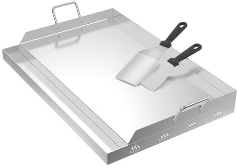 Froadp Edelstahl Grillplatte | 58x40x7cm Universal BBQ Plancha mit Ölrinne | BBQ Plancha für Gas- & Holzkohlegrill | Grillzubehör inkl. Spachtel & Griffen