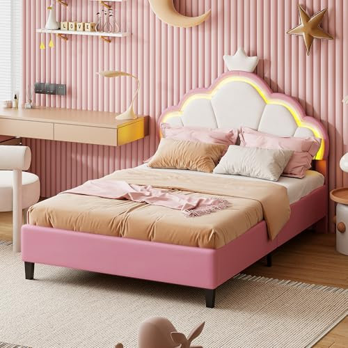 TIMORWTF Lit Double Enfant 140x200 cm, Lit Fille Princesse avec LED, Tête de lit Réglable en Forme de Couronne,Cadre de lit Rembourré avec Sommier à Lattes,pour Enfants & Adultes (Rose, 140x200cm)