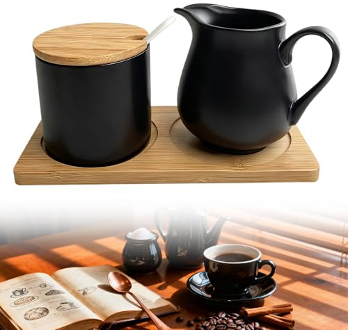 Milch Und Zucker Set, Milch Und Zucker Set Mit Deckel Und Löffel, Zuckerdose Mit Deckel, Zuckerdose Milchkännchen Set, Frühstücksset, Zucker Und Milch Set Geeignet für Zuhause, Restaurant(Schwarz)