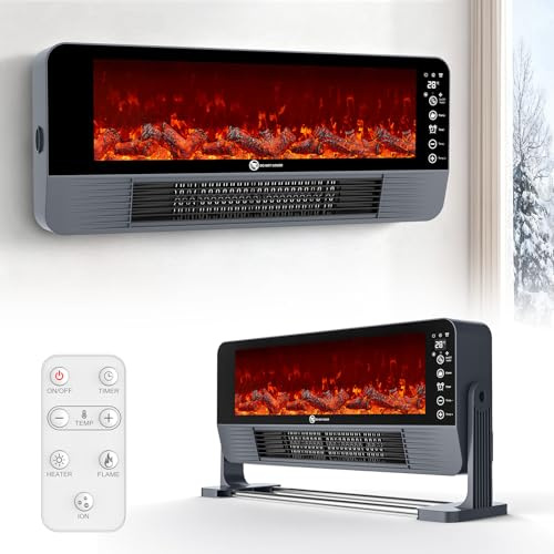 Chauffage d'appoint, Chauffage 2000W avec Céramique PTC, Effet Flamme 3D, Installation Murale/Sol, Télécommande, 3 Modes, Sécurité Anti-Chute & Surchauffe, Minuterie 12H, pour Bureau, Salon, Chambre