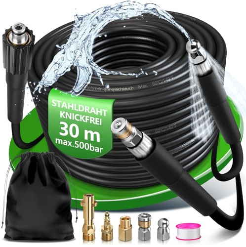 30m Rohrreinigungsschlauch 500 Bar für verstopfte Rohre und Abflüsse | Kompatibel mit Kränzle Kärcher K2 - K7 Easy!Lock TR22 HD/HDS Modellen mit TR22-Anschluss Rohrreinigungsset Hochdruckschlauch