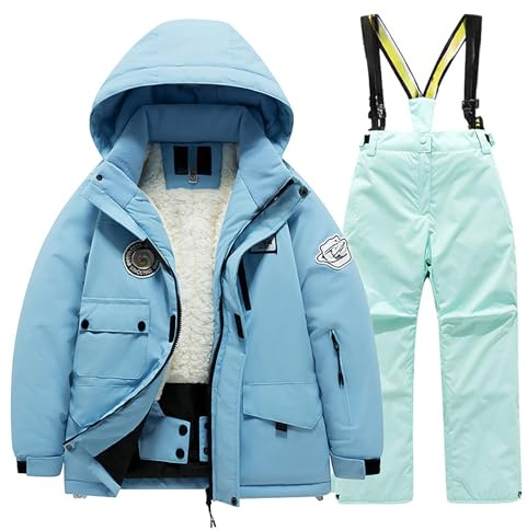 Generisch Traje de esquí para niños con forro de felpa, chaqueta con bolsillo, pantalón, invierno, snowboard unisex, niño, niña, invierno, cálidos trajes de nieve, verde, 8-10 años