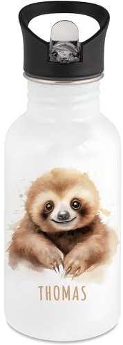 DEL MÀ Unique & Personal Edelstahl Trinkflasche Kinder personalisiert mit Namen Faultier Flasche mit Strohhalm Wasserflasche für Schule Kindergarten 500 ml