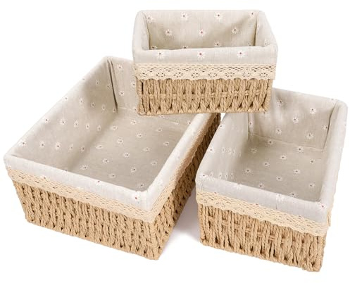 NXPZ 3 Cestas Tejidas de Almacenamiento, Cesta de Almacenamiento de Juguetes, Cesta de baño Cambiador Trenzado, con Forro Desmontable para el Hogar, la Oficina, el Baño y el Dormitorio (Beige, L+M+S)