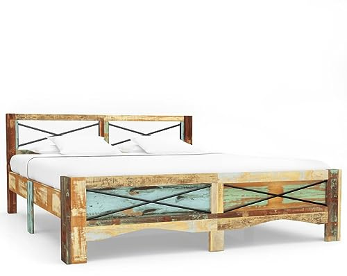 Bucmath Massivholzbett 140x200 cm, Altholz Vintage Bettrahmen, Kiefer Teak Eiche, handgefertigt, poliert lackiert, für Schlafzimmer, einzigartiges Möbelstück