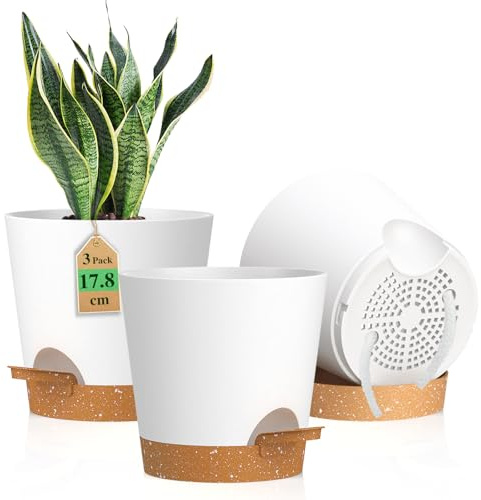 WSMKSZ 17.8 cm Self Watering Plant Pots Indoor Outdoor, 3 Pack Flower Pots | 7 inch Thick Plastic Medium Planters with Drainage Holes & Removable Reservoir, Cotton Wick, for House Plants, White Brown