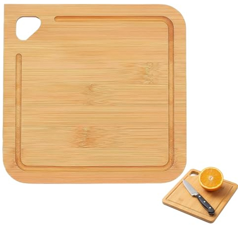 Mini Square Bamboo Chopping Board, Small Wooden Cutting Board with Drip Groove, Compact for Cheese, Fruit, and Bread, Portable with Rounded Corners & Hang Hole (18cm x 18cm)