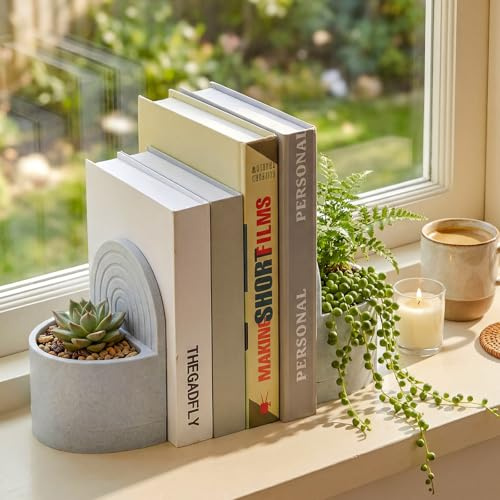 SiliFine 3D Printed Plant Pot Bookend Marble White with Hidden Water Tray | Novelty Dual Use Book End, Home Office Shelf Decor, Gift for Plant Reading Lovers, Plants Not Included