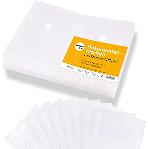 perfect line - 10 Dokumententaschen DIN-A4, Sammelmappe mit Klettverschluss, 2-geteilt, Dokumentenmappe transparent, robust, stabil