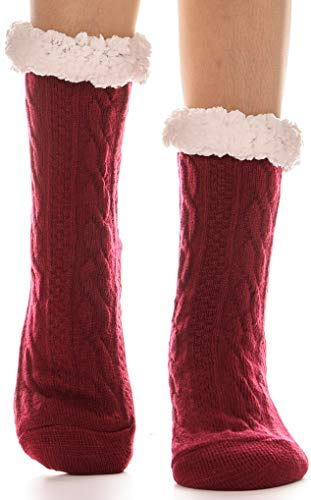 EBMORE Women Slipper Fluffy Socks Fuzzy Cosy Cabin Warm Winter Soft Thick Comfy Fleece Anti Slip Home Stocking Fillers Gift Socks (Red Texture)
