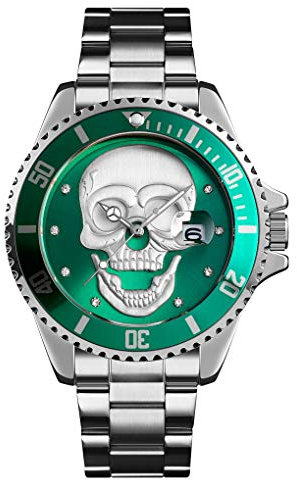 HUNRUY Totenkopf-Uhren für Herren, 3D-Skelett, unidirektionale Lünette, 30 m wasserdicht, Quarz-Armbanduhren, Grün / Silber, modisch