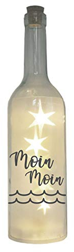 WB wohn trends LED-Flasche mit Motiv, Moin Moin Welle, grau, 29cm, Flaschen-Licht Glitzer-Flasche Leuchtflasche Lampe mit Text Spruch Nordsee Ostsee Meer maritim