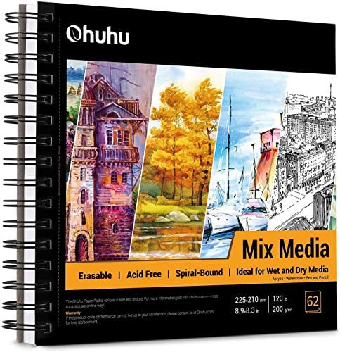 Ohuhu Skizzenbuch Mischtechnik - 200g/m² säurefreier Künstlerblock (124 Seiten/62 Blatt), Spiralbindung für Nass- & Trockentechniken, Ideal für Aquarel, Acryl, Bleistift, Pastell - 22,5 x 21 cm