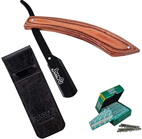 PONIK'S PROFESSIONAL - Rasiermesser mit Wechselklinge, Rasiermesser Set - 100 Derby Rasierklingen + Holzgriff + Transporttasche, Rasierer Bartmesser Herren