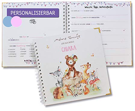 Gästebuch zur Taufe oder zum 1.Geburtstag mit vorgedruckten Fragen zum Ausfüllen für die Gäste als Erinnerung, mit Name und Datum personalisierbares Erinnerungsalbum, Taufgeschenk, Tierfamilie