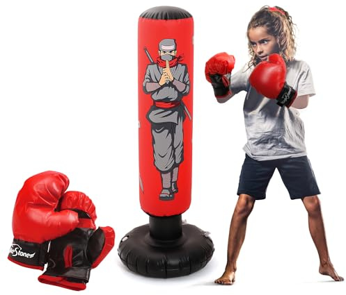 47 Kids Punching Bag with Boxing Gloves – Inflatable Boxing Bag for Boys & Girls, Standing Training Toy for Fitness & Stress Relief