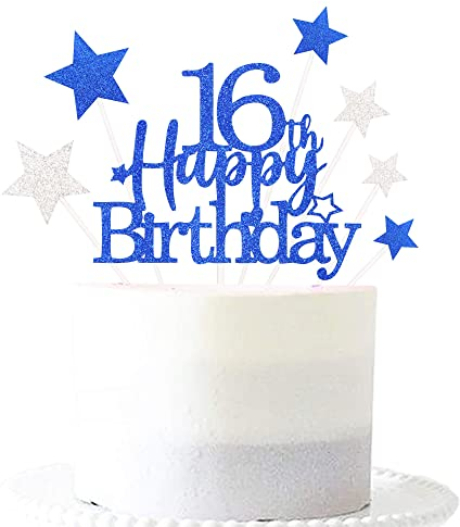 Pargleev 16th Glittery Royal Personalised Birthday Gifts: Happy Birthday 16 Cake Topper with Stars - Sixteen Years Old Party Supplies, Decorations, Keepsakes in Blue