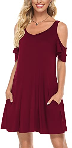 Florboom Damen T-Shirt Kleider V Ausschnitt Kurzarm Freizeitkleid Sommer Skaterkleid Weinrot XXL