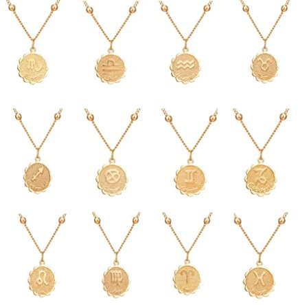 Gold and Silver plated 12 Zodiac Sign Gold Card Fashion Jewellery 12 Constellation coin Pendant Necklace For Women Birthday Gifts L2 (Aries Gold)