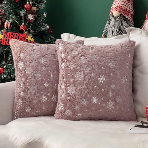 MIULEE 2er Set Weihnachten Kissenbezüge Kuschelkissen Flauschig Schneeflocken Dekokissen Sofakissen Plüschkissen Fellkissen Couchkissen Kissenhülle Zierkissenbezug für Wohnzimmer 40x40 cm Lederpuder