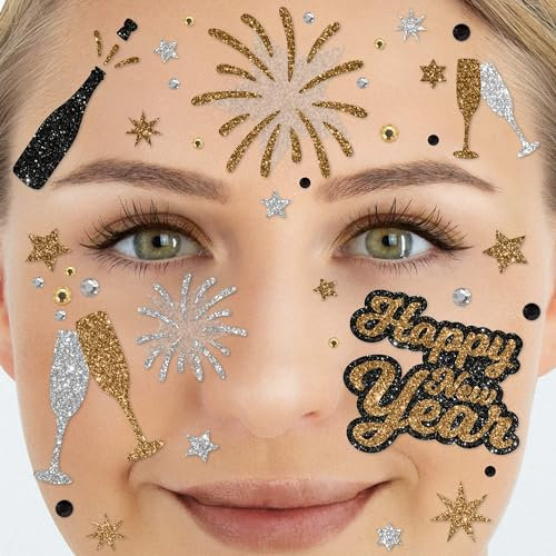 Party Factory Face Tattoo `Happy New Year´, temporäres Glitter Gesichtstattoo für Kinder und Erwachsene für Silvester, Motto Party