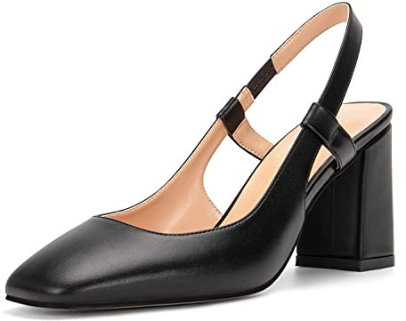 NobleOnly Femme Bride Cheville Slingback Doublure en Cuir Escarpins Bloc Talons 7.5CM Heel Sandale Noir Mates Chaussures EU35