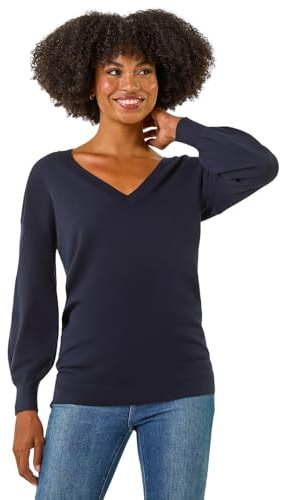 Roman Originals V-Neck Jumper for Women UK Ladies Boyfriend Fit Slouch Sweater Winter Autumn Textured Casual Flattering Knit Pullover Knitwear Daywear Lightweight Lounge - Navy - Size 22