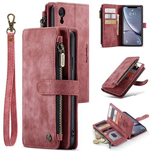 UEEBAI Wallet Case for iPhone XR, Premium Handmade PU Leather Phone Case Card Slots Magnetic Closure Zipper Pocket Kickstand Flip Case with Hand Strap - Vintage Red