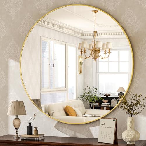 HARRITPURE 90cm runder Wandspiegel, aus gehärtetem Glas, geeignet für Wohnzimmer, Schlafzimmer, Badezimmer, Gold