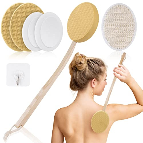 URAQT Brosse de Bain à Long Manche, 7PCS Applicateur Crème Dos, Brosse de Douche pour Dos de Douche à Bulles à Une Touche, Brosse dos Douche pour Exfoliante, Améliore la Circulation Sanguine(Nature)