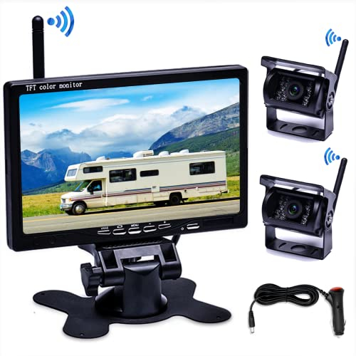 Dual Rückfahrkamera Kabellos Digital mit 7 Inch LCD Monitor Kit Nachtsicht Wasserdicht Rückseite Backup Auto-Kamera für Wohnmobil/Wohnwagen/LKW/Bus/Van(12-24 Volt)