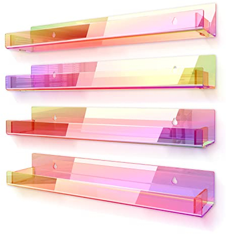 RORKIM 4 Stück 38.1 cm schillernde Acryl-Regale, transparentes Regenbogen-Kinder-schwimmendes Bücherregal für Kinderzimmer, moderne Sonnenbrille, ätherisches Öl, Spielzeugaufbewahrung, Wandregal