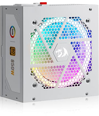 Redragon PSU007 80+ Gold 850 Watt ATX Fuente de alimentación totalmente modular con certificación 80 Plus Gold, tamaño compacto de 160 mm y ventilador RGB de bajo ruido Smart-ECO 0 RPM, condensadores