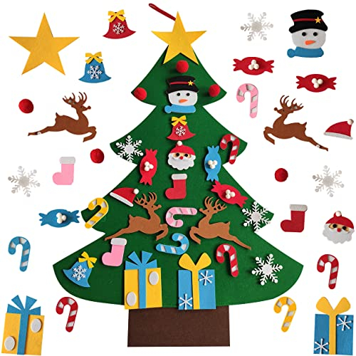 Albero di Natale in feltro, albero di Natale per bambini, 100 cm, albero di Natale in feltro fai da te con 26 ornamenti rimovibili, decorazioni da parete per Capodanno