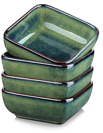 vancasso Stern Green 4-Piece Saucer Dish Set, Reactive Glaze Dipping Snack Bowl, Ceramic Small Serving Dish/Condiment Dish/Seasoning Bowl/Sushi Soy Dish, Square. (9.5x9.5x3.8cm)