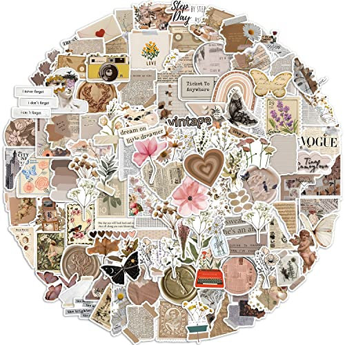 Amitorfo 120 Pcs Vintage Aesthetic Stickers – Neutral Beige Scrapbook & Journal Stickers, Waterproof Glossy Vinyl Decals for Water Bottles, Laptops, Notebooks, Planners & Gifts, ~6 cm Each