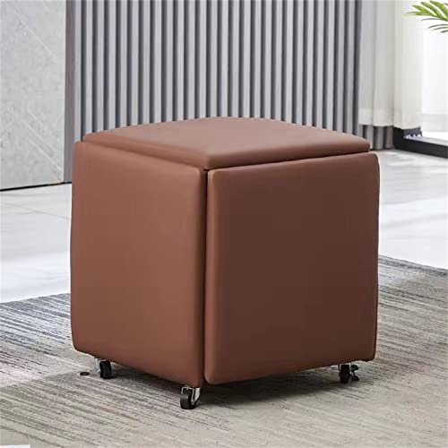 JHKZUDG PU-Leder Square Ottoman Bank,Aufbewahrung Hocker Fußstütze 5 in 1 Sitzwürfel,Stapelbarer Hocker Mit Rädern,Für Fußstütze Hocker Würfel Fußstütze Sitz,Braun