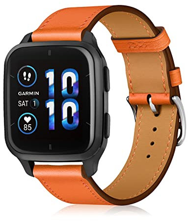LanQii 20mm Cuir Bracelet pour Garmin Approach S50/S44 / Vivoactive 6/5/3/Forerunner 165/165 Music, Bracelet de Remplacement Cuir Femme Homme pour Garmin Venu Sq 2/Sq 2 Music/Venu 2 Plus (Orange)