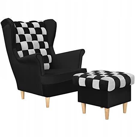 Family Meble Ohrensessel mit Hocker Scandinavian Modell Carol Duo | Elegante Polsterung mit Flechteffekt | Zwei Stofffarben | Klassisches Design | Bequemer Sessel zum Entspannen | Holzbeine