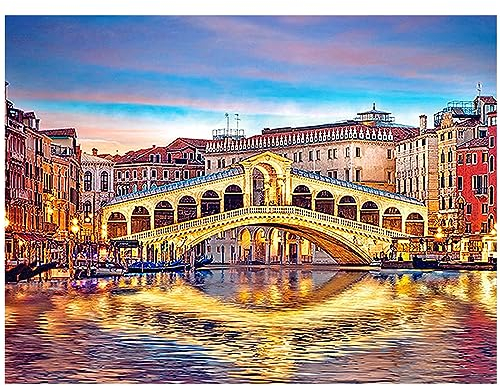 DCIDBEI Square Diamond Painting Italien Landschaft 50x40 cm Eckige Steine Brücke Rialtobrücke Erwachsene Landschaften Bilder Mosaik