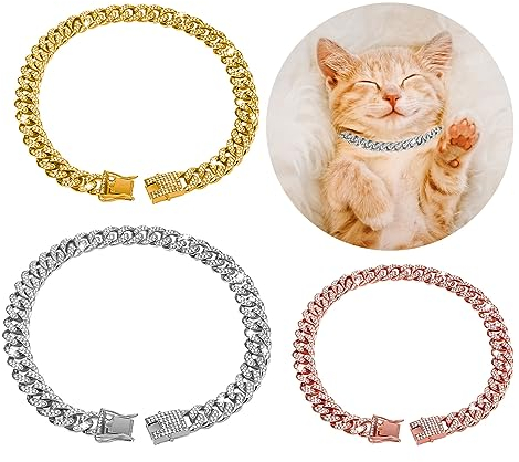 3 Stück Hundehalsband, 20 cm & 25 cm & 30 cm Metallkette Halsband, Metall Gold Kette Hundehalsband mit Design Sichere Schnalle, Glitzer Hundekette Halsband für mittelgroße Hunde Katzen (nicht