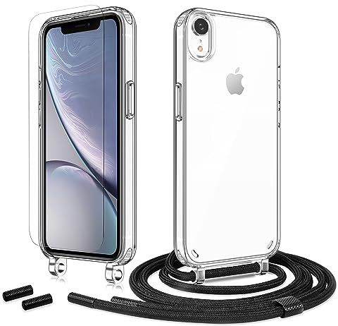 Anshow Handykette für iPhone XR Hülle mit Band + 1 Schutzfolie, Robust Necklace Extrem Stoßfest Handyhülle iPhone XR Case Transparent Schutzhülle zum Umhängeband Abnehmbar, Schwarz